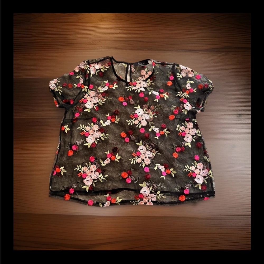 Forever 21 Floral Embroidered Sheer Black Top